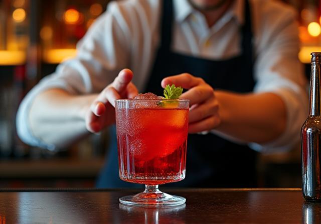 Un barman prepara un cocktail colorato al bancone del bar.