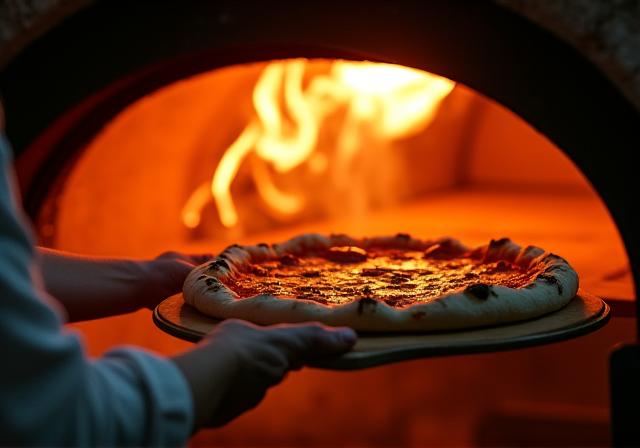Un pizzaiolo sforna una pizza fumante dal forno a legna.