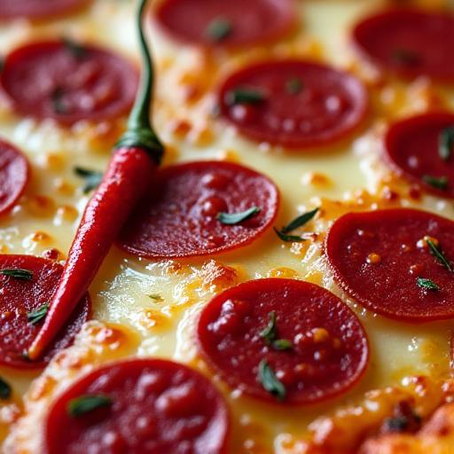 Dettaglio di una pizza Duna Rossa con salame piccante e peperoncino.